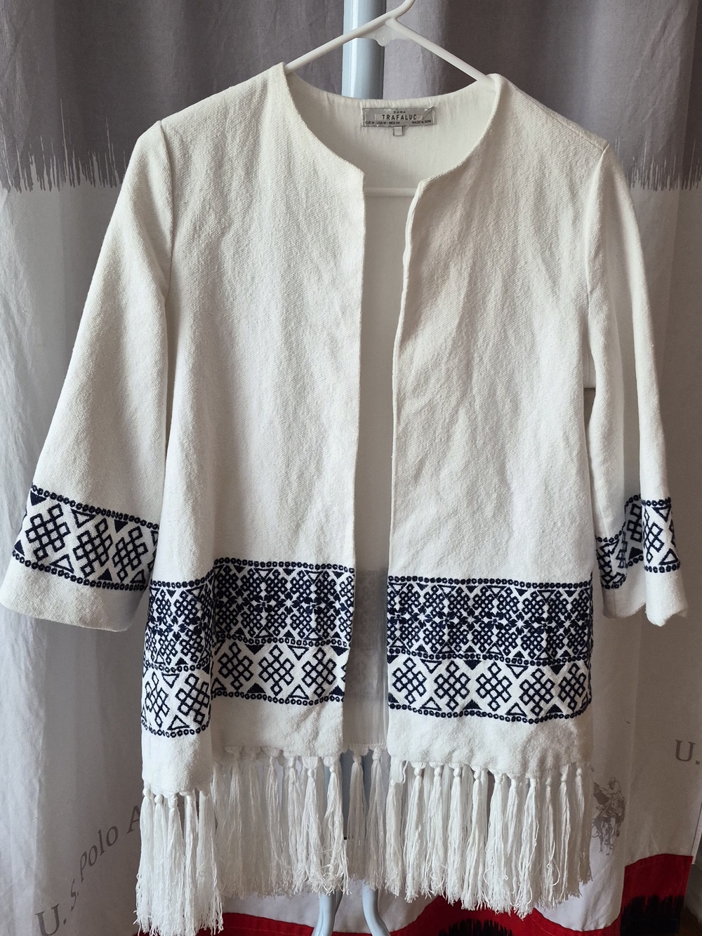 Zara White Open-Front Fringe Jacket with Navy Embroidery